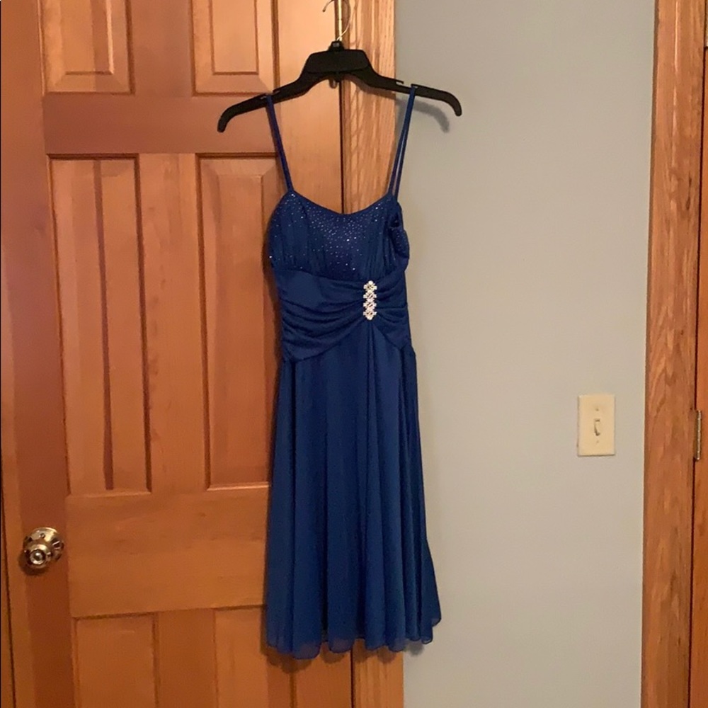 Knee length, blue, prom/homecoming dress.